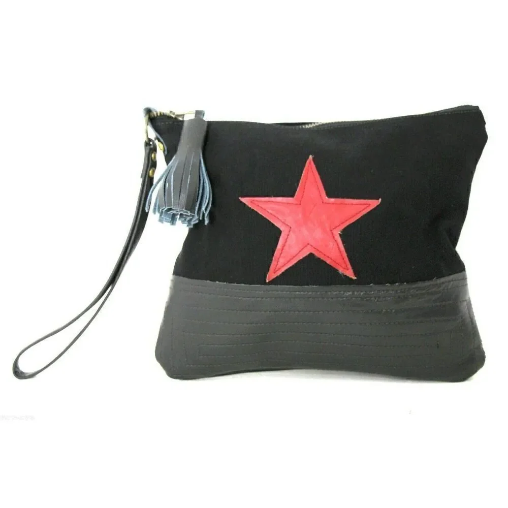LARGE REBEL HANDMADE MURKA BLACK CANVAS RED STAR LEATHER WRISTLET CLUTCH HANDBAG